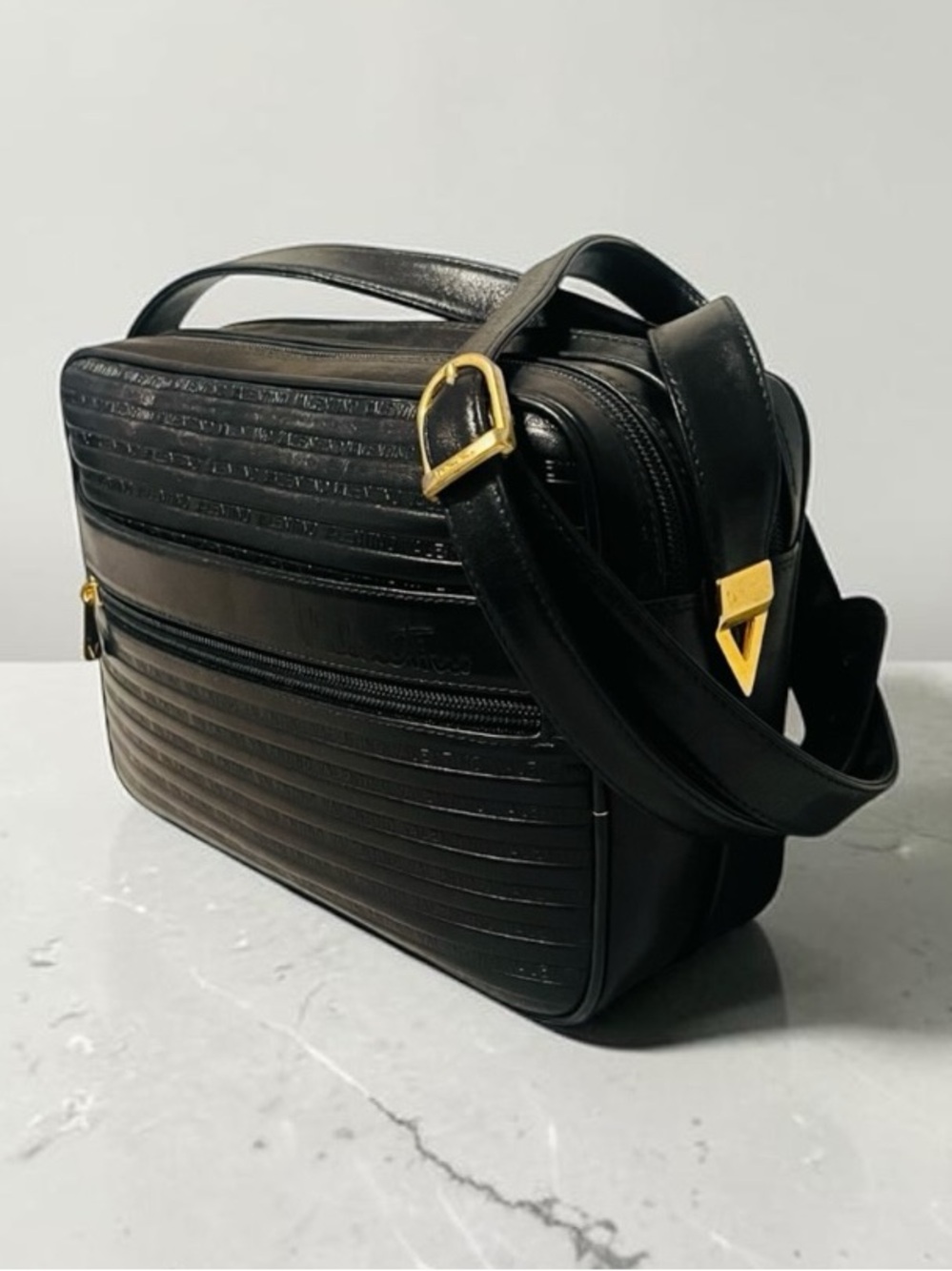 Mario Valentino 🪢 Black Leather Messenger Bag with Gold Accents